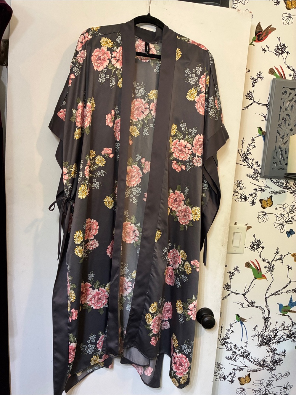 Floral Satin Kimono Jacket - Gray with Pink, Yellow & Blue Flowers